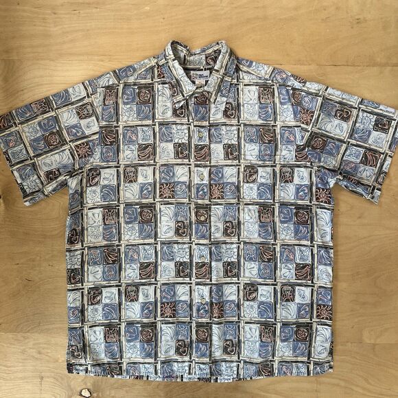 Reyn Spooner Hawaiian Shirt XL Blue Floral Sun Art Hawaii Surfing Vacation - Picture 2 of 8